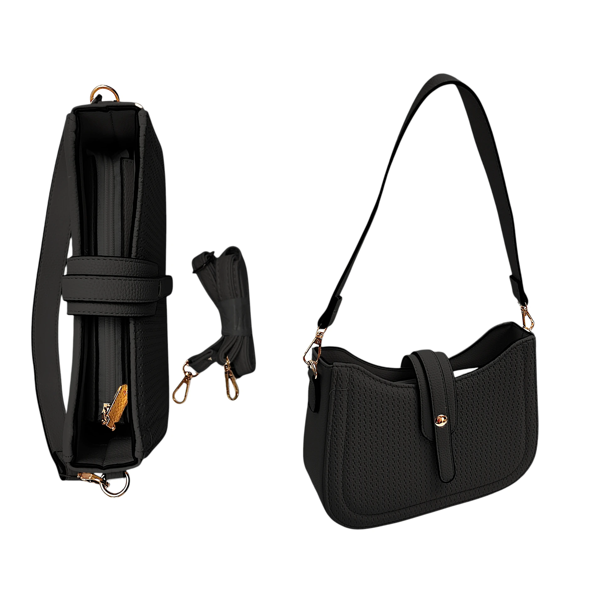 [CAR2M2908] Cartera Hobo Perforada (Negro)