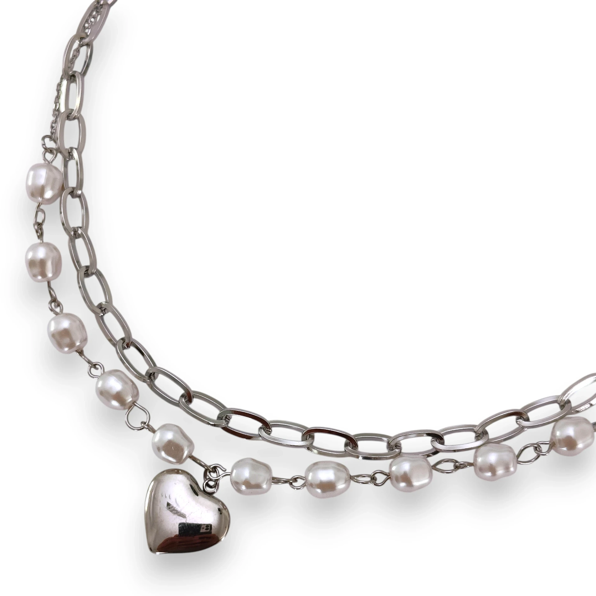 [COL391054] Collar Eslabones y Corazón Perlado